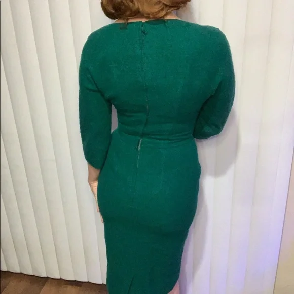 Vintage Emerald Green Joan Mad Men 1950s 3/4 Sleeve Dress - Picture 2 of 12